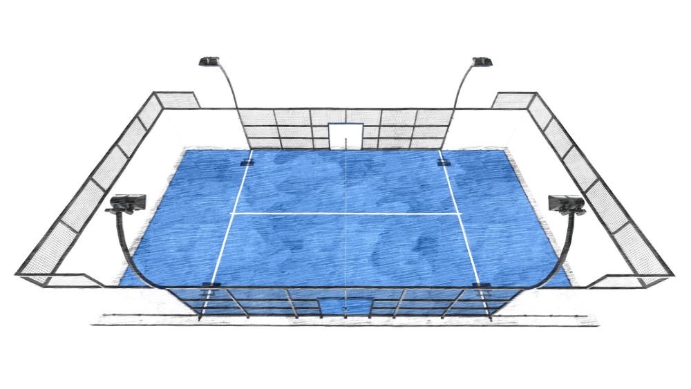 Blueprint-Entwurf eines Padel-Courts mit Belag in Padel-Blau
